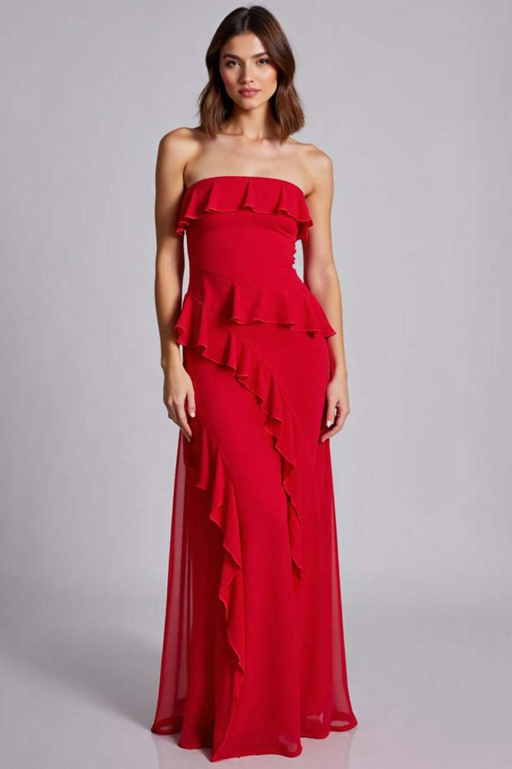 Red Formal Dress Ruffled Strapless A Line Chiffon Long Wedding Guest Dress
