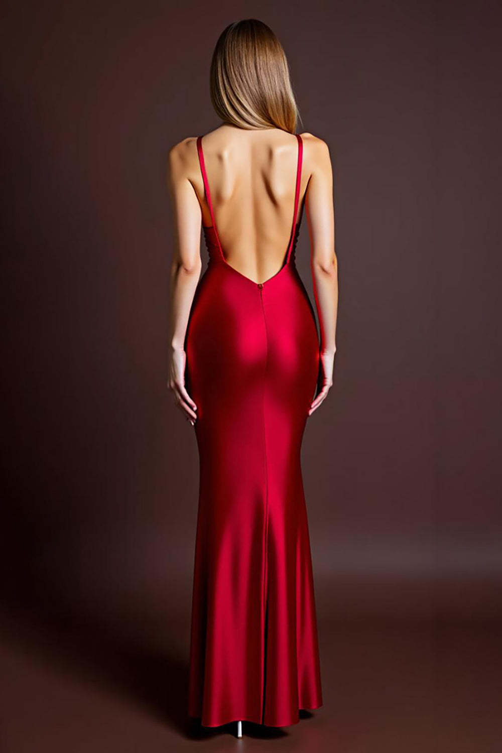 Red Formal Dress Satin Spaghetti Straps Sheath Long Wedding Guest Dress With Slit
