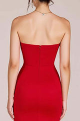 Red Formal Dress Strapless Ruched Sheath Long Wedding Guest Dress With Slit