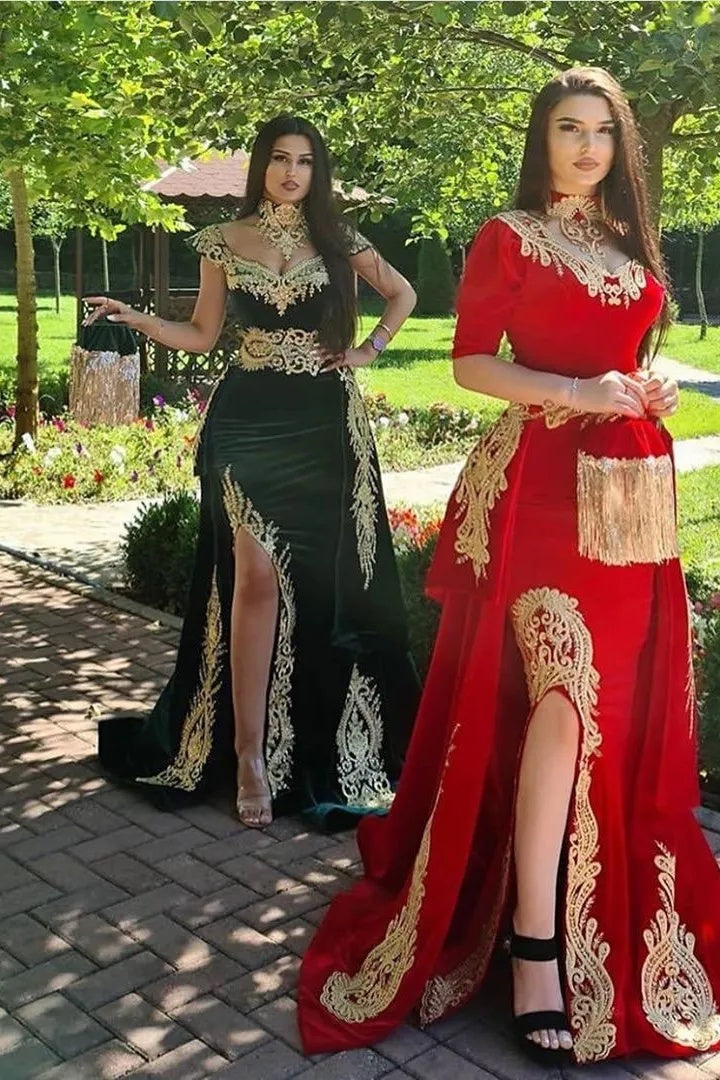 Red Half Sleeve Velvet Christmas Party Dress Appliques Formal Dress with Detachable Train