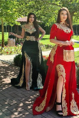 Red Half Sleeve Velvet Christmas Party Dress Appliques Formal Dress with Detachable Train