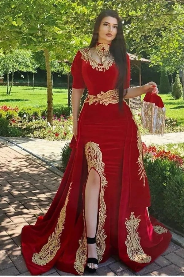 Red Half Sleeve Velvet Christmas Party Dress Appliques Formal Dress with Detachable Train