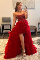 Red Homecoming Dress Beaded A-Line Tiered High Low Prom Cocktail Party Dresses