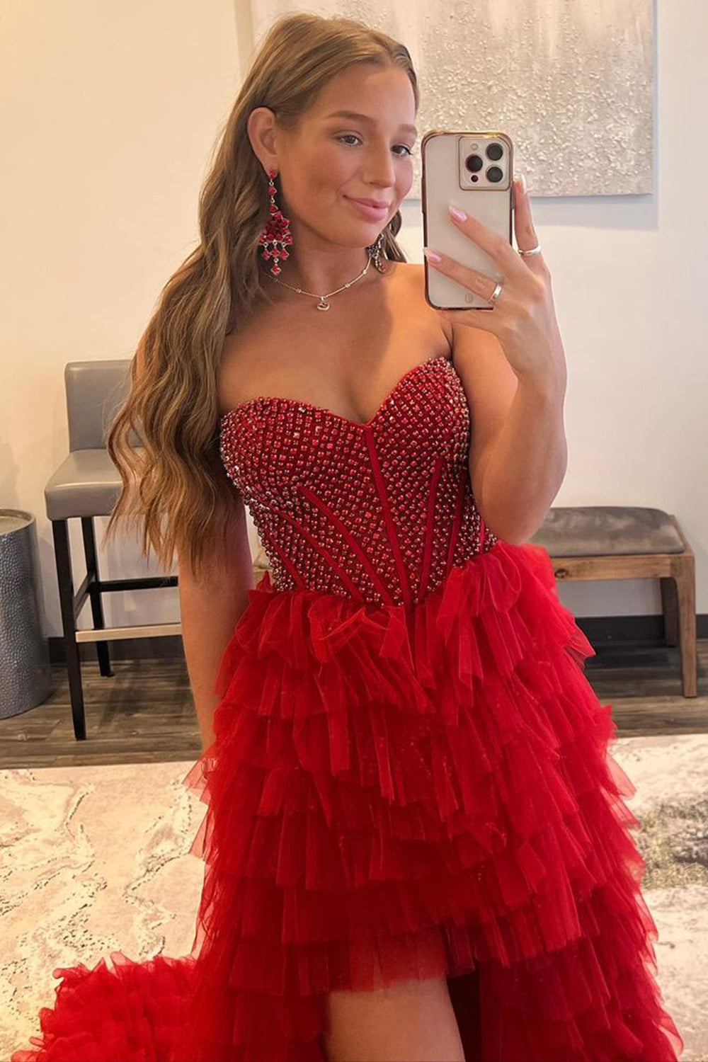 Red Homecoming Dress Beaded A-Line Tiered High Low Prom Cocktail Party Dresses