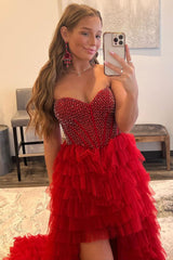Red Homecoming Dress Beaded A-Line Tiered High Low Prom Prom Dress
