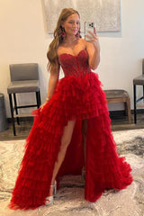 Red Homecoming Dress Beaded A-Line Tiered High Low Prom Prom Dress