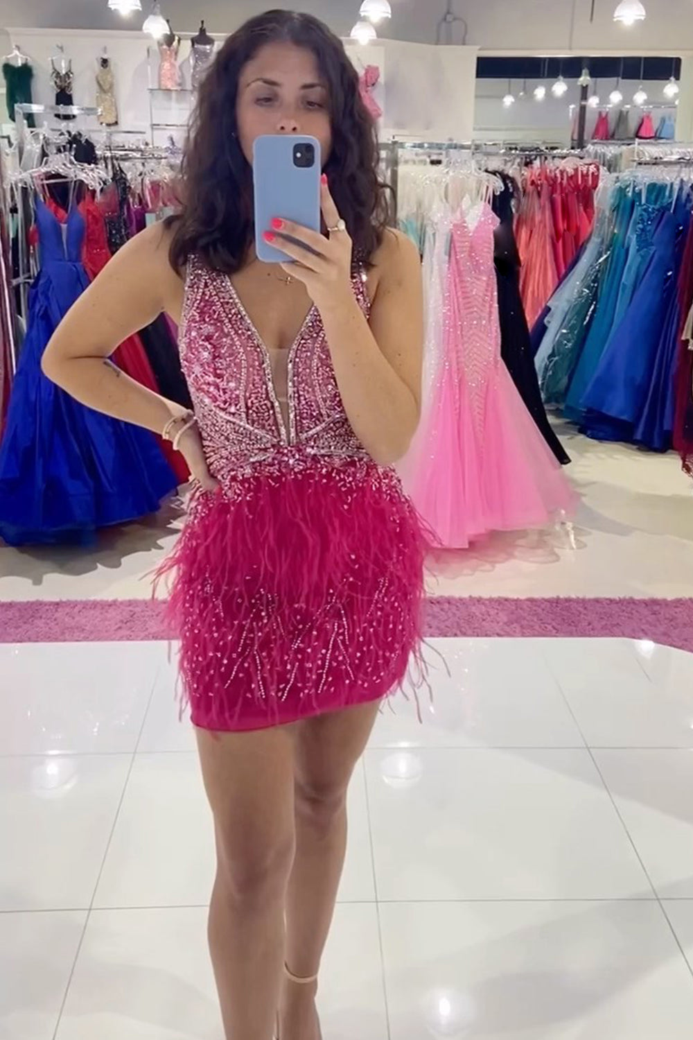 Red Homecoming Dress Beaded Feathered Tight Short Cocktail Dresses