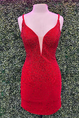 Red Homecoming Dress Beaded Tight Short Prom Dress