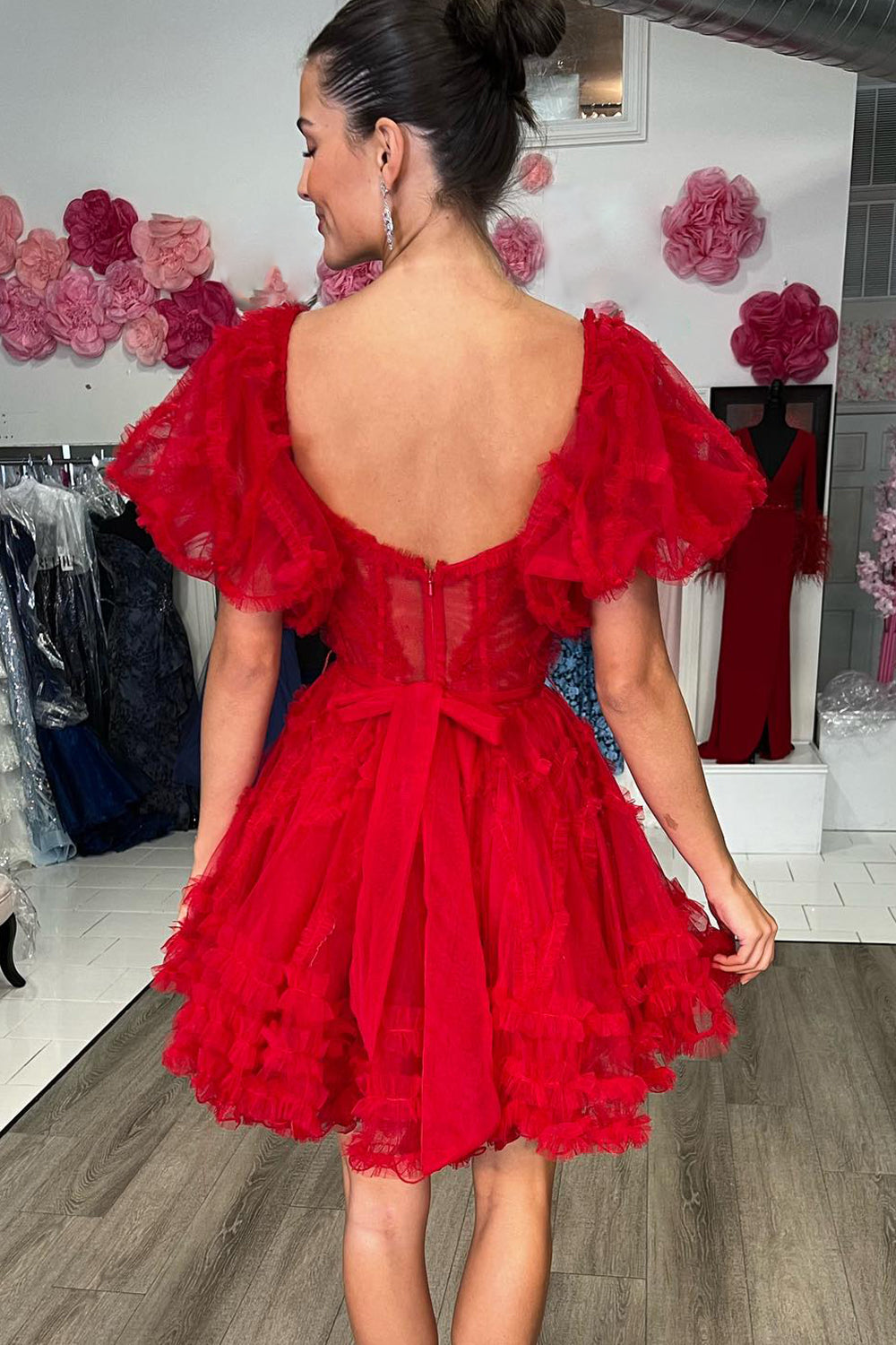 Red Homecoming Dress Corset A-Line Short Cocktail Dresses with Sleeves