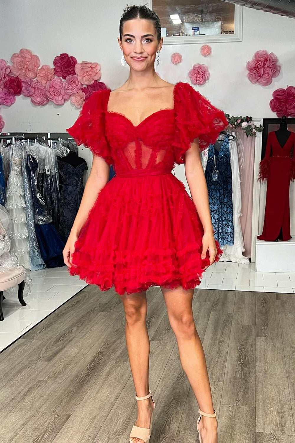 Red Homecoming Dress Corset A-Line Short Cocktail Dresses with Sleeves