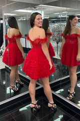 Red Homecoming Dress Corset Off The Shoulder A Line Short Prom Dress with Feathers
