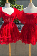 Red Homecoming Dress Corset Strapless A-Line Short Tulle Prom Dress with Detachable Sleeves