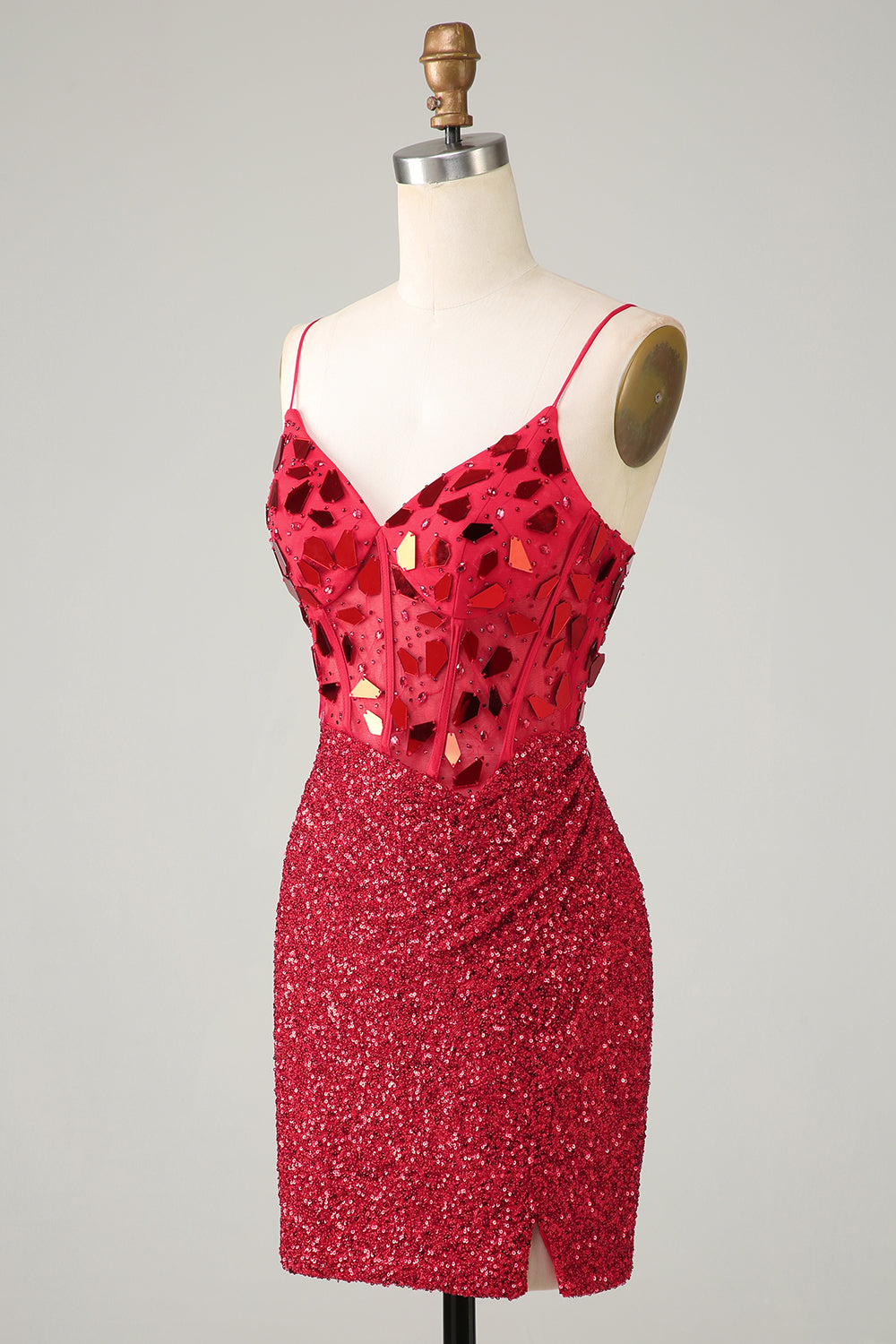 Red Homecoming Dress Glitter Corset Sequin Tight Short Mirror Prom Dress