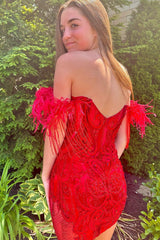 Red Homecoming Dress Lace Corset Fringed Tight Short Prom Dress with Feathers