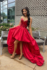 Red Homecoming Dress Mirror Strapless Corset High Low Prom Dress