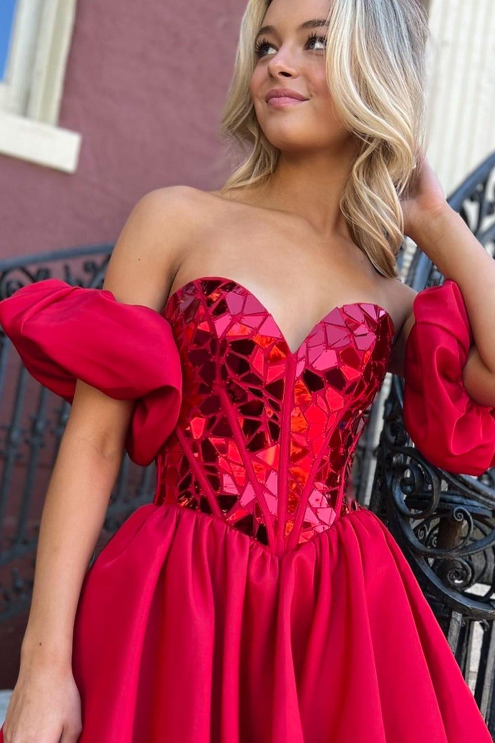 Red Homecoming Dress Mirror Sweetheart A Line Cocktail Party Dresses With Detchable Sleeves