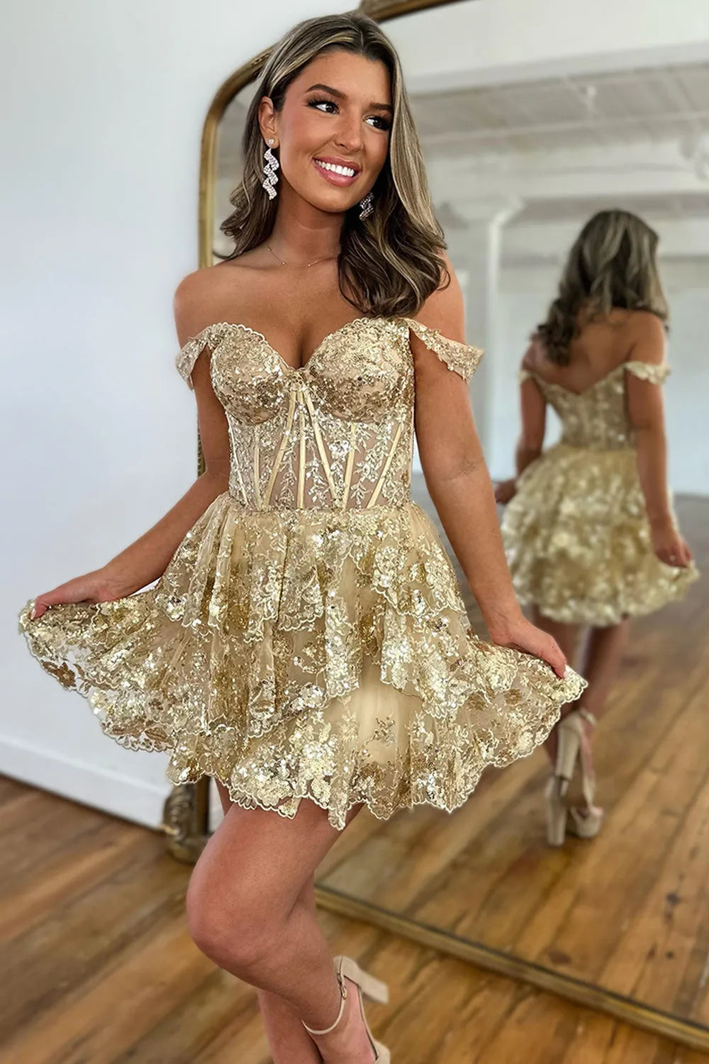 Red Homecoming Dress Off The Shoulder Corset Tiered Short Prom Dress with Lace