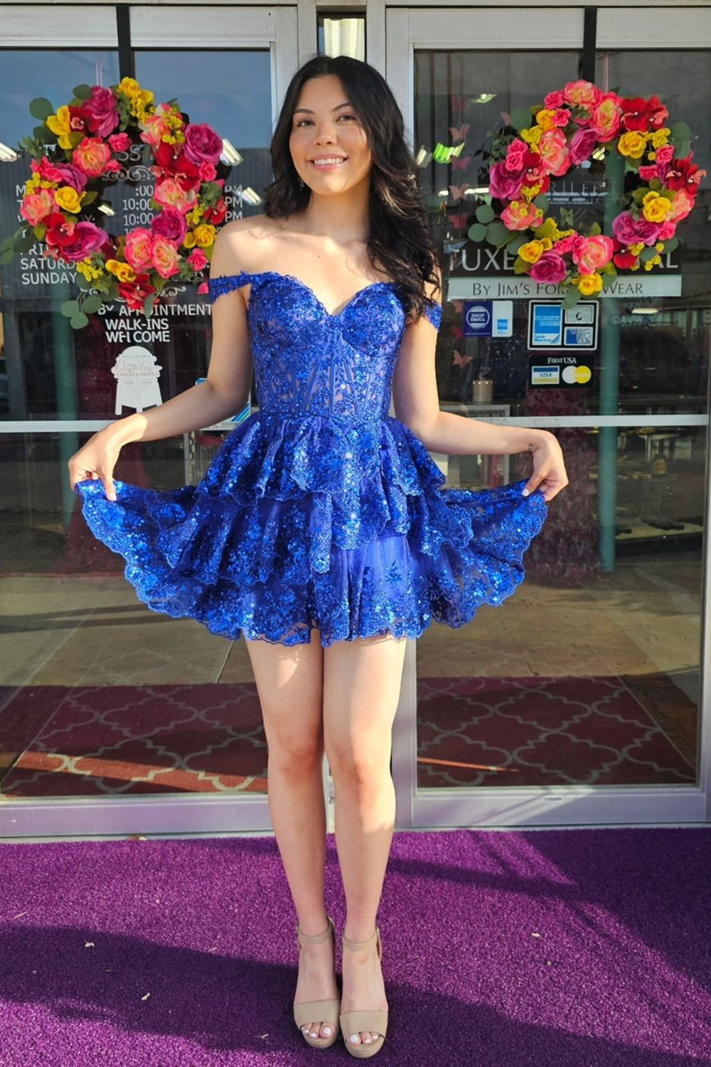 Red Homecoming Dress Off The Shoulder Corset Tiered Short Prom Dress with Lace