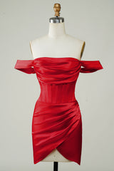 Red Homecoming Dress Off the Shoulder Asymmetrical Tight Short Prom Dress