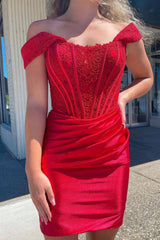 Red Homecoming Dress Off the Shoulder Tight Short Prom Dress with Lace