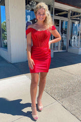 Red Homecoming Dress Off the Shoulder Tight Short Prom Dress with Lace