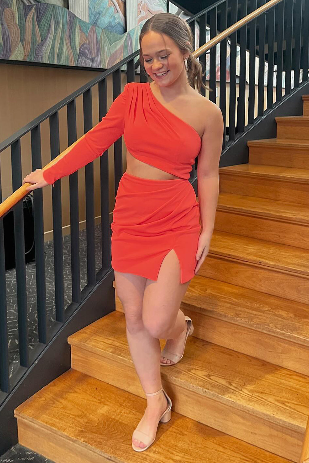Red Homecoming Dress One Shoulder Bodycon Short Prom Dress With Slit