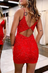 Red Homecoming Dress Open Back Spaghetti Straps Appliques Tight Prom Dress