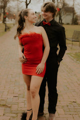 Red Homecoming Dress Satin Tight Short Prom Dress with Feathers