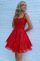 Red Homecoming Dress Sequin A-Line Short Cocktail Dresses with Pockets