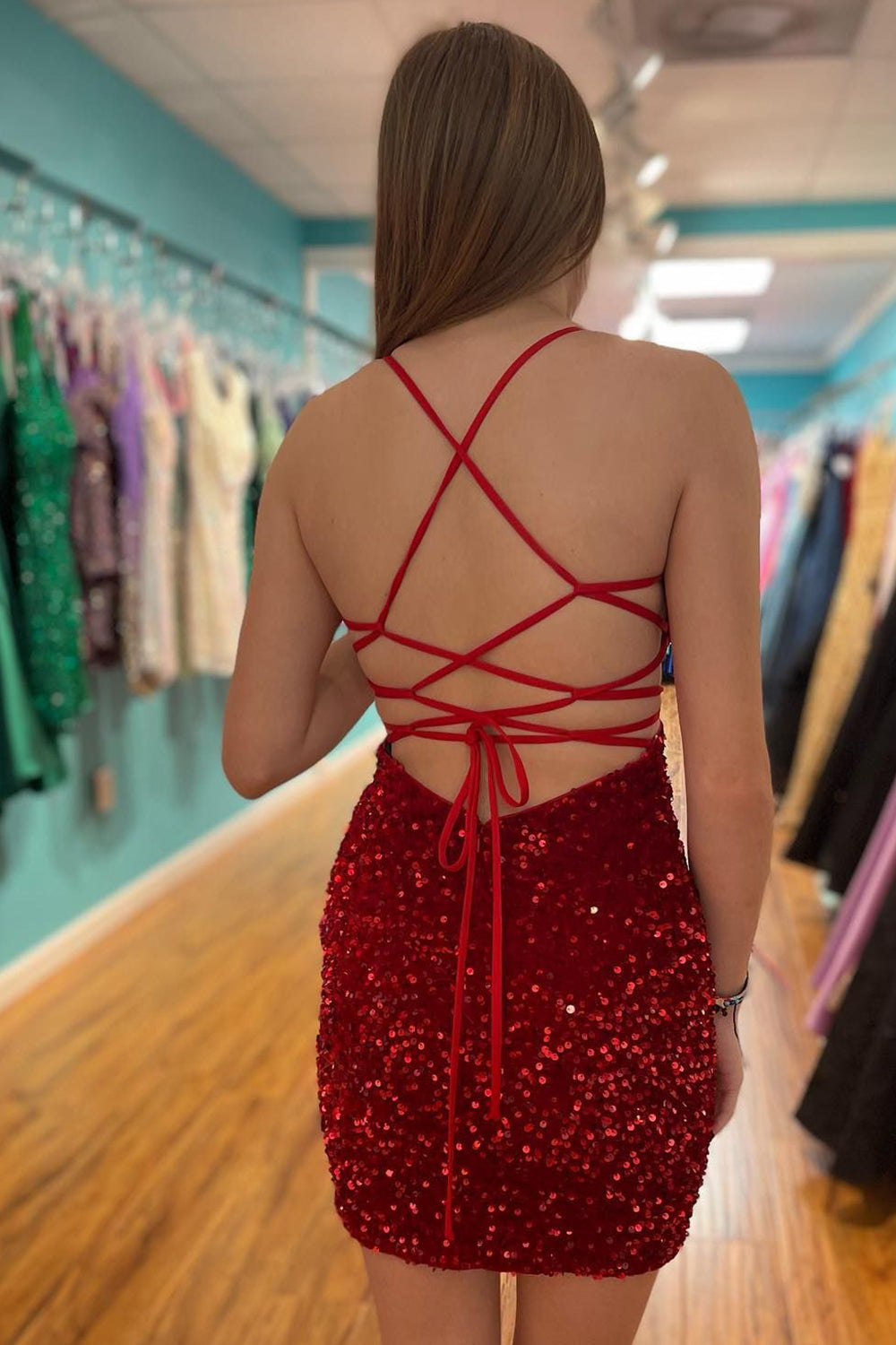 Red Homecoming Dress Sequin Lace-Up Tight Short Prom Dress