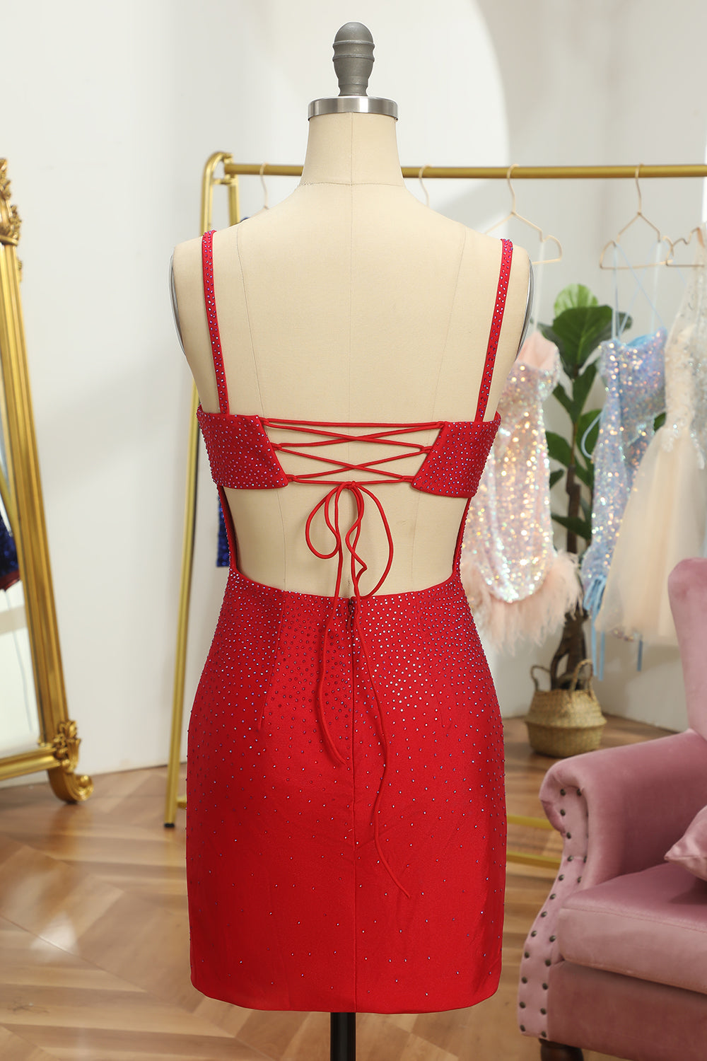 Red Homecoming Dress Sequin Lace-Up Tight Short Prom Dress