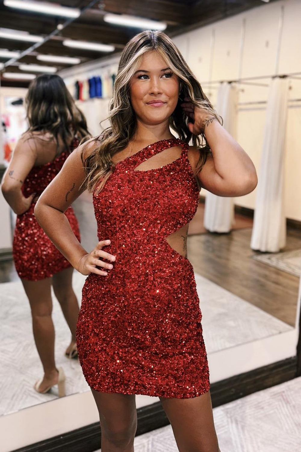 Red Homecoming Dress Sequin One Shoulder Cut Out Tight Short Prom Dress