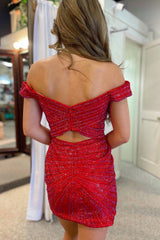 Red Homecoming Dress Sequin Open Back Tight Short Prom Dress with Slit