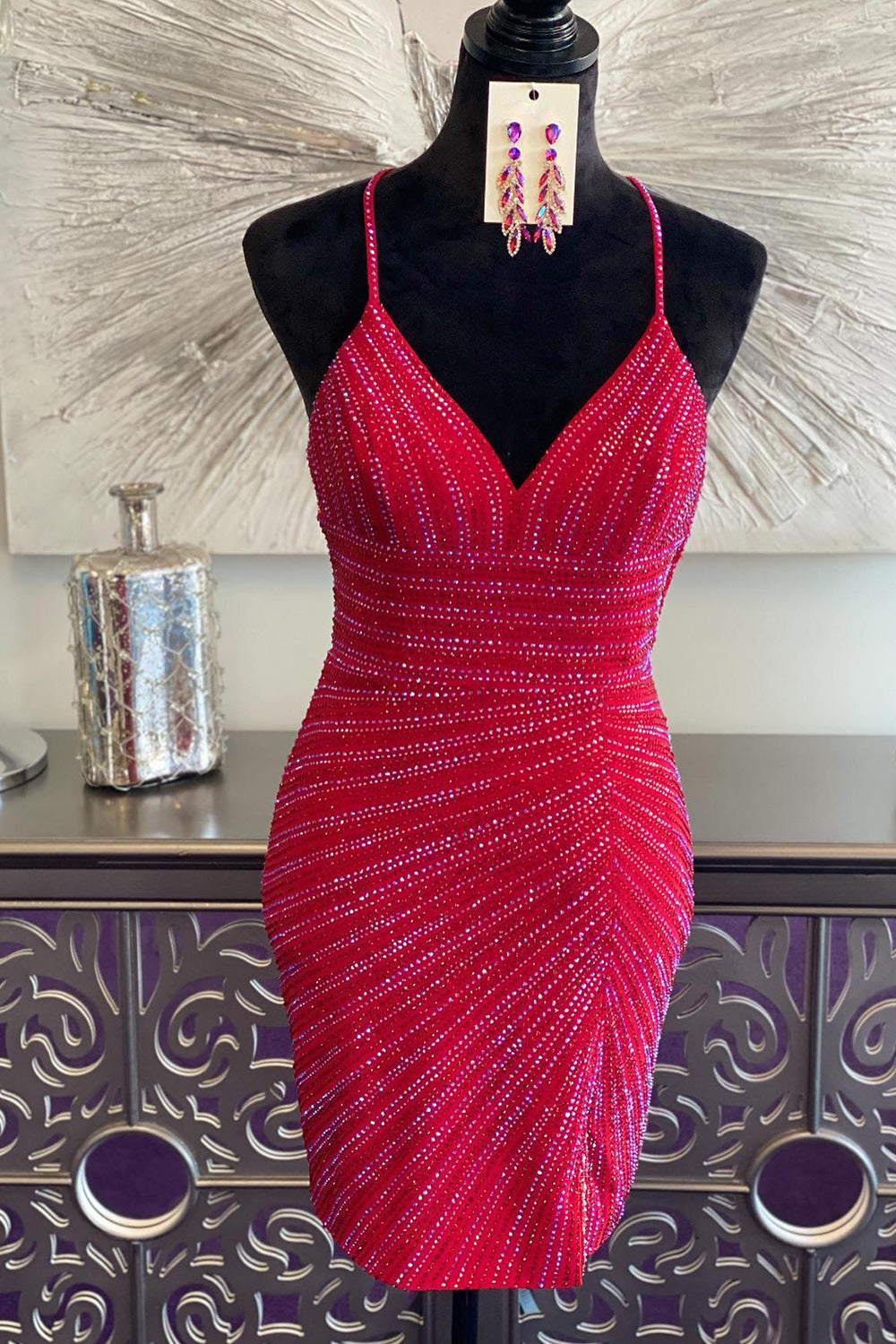 Red Homecoming Dress Sequined Criss-Cross Back Tight Short Prom Dress