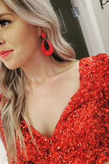 Red Homecoming Dress Sequined Two Piece Tight Short Prom Dress with Sleeves