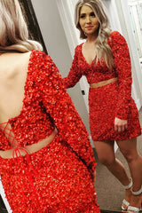 Red Homecoming Dress Sequined Two Piece Tight Short Prom Dress with Sleeves
