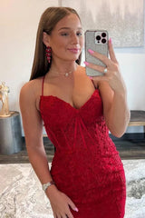 Red Homecoming Dress Spaghetti Straps Tight Short Prom Dress with Appliques