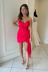 Red Homecoming Dress Strapless Ruched Tight Short Prom Dress