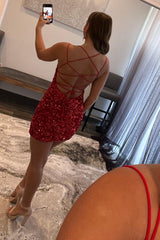 Red Homecoming Dress Tight Sequin Backless Cocktail Party Dresses