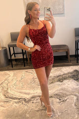 Red Homecoming Dress Tight Sequin Backless Prom Dress