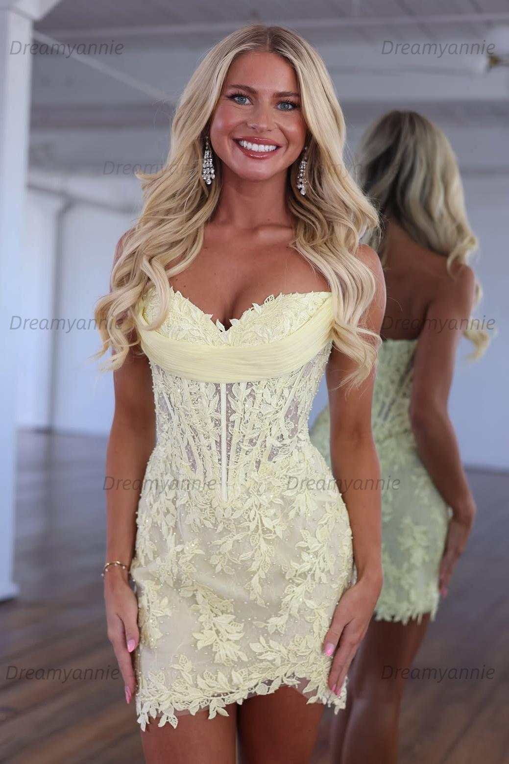 Red Lace Applique Strapless Corset Bodycon Homecoming Dress