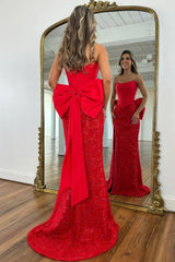 Red Lace Formal Gown With Structured Corset Bodice And Statement Bow Formal Evening Gown