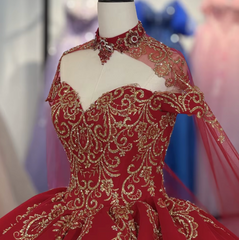Red Lace Quinceanera Dress Ball Gown Sweet 16 Dress with Appliques