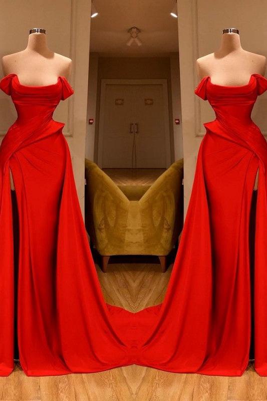 Red Off The Shoulder Long Prom Dress With Split