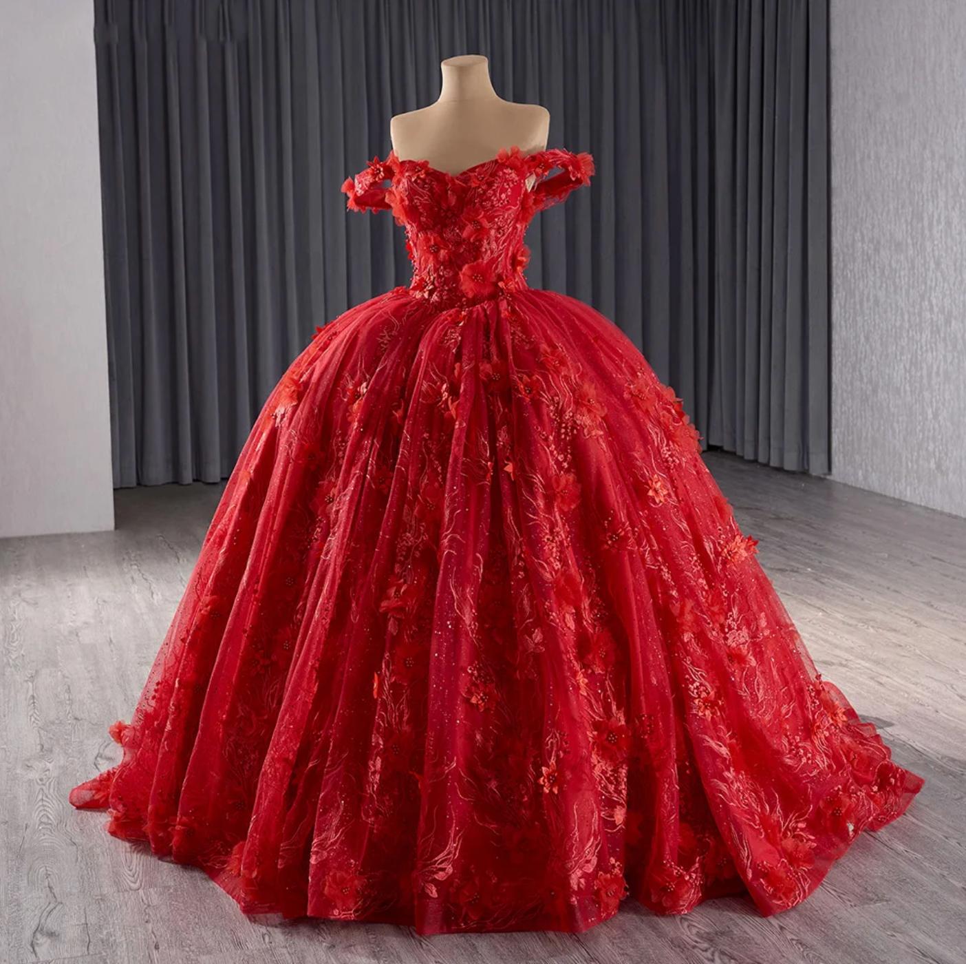 red sweet sixteen dresses Wedding Ball Gown Crystals 16 Quinceanera Dress US14W / Custom Color Lace Fabric Color Gorgeous Off The Shoulder Luxury