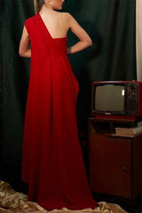 Red One Shoulder Sleeveless Wedding Guest Dress With Pleats Ruched
