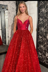 Red Prom Dress A-Line Beaded Long Formal Dress With Pockets