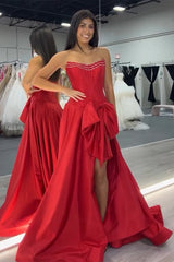 Red Prom Dress A-Line Strapless Beaded Long Formal Dress With Slit