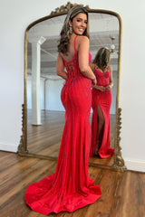 Red Prom Dress Beaded Corset Long Evening Dress with Slit