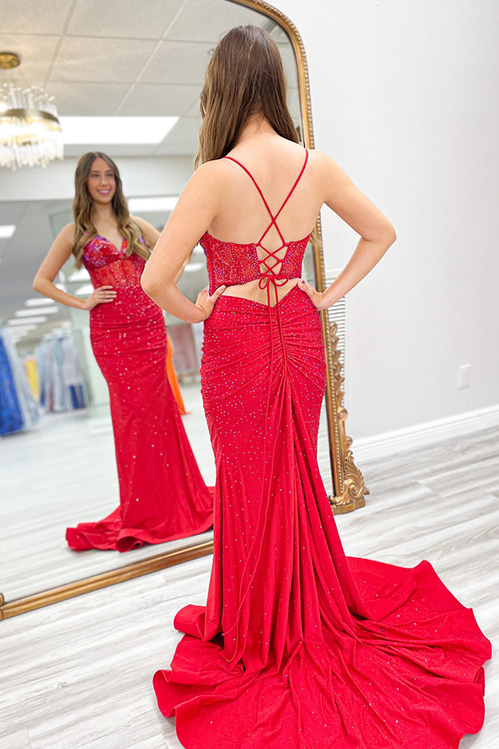 Red Prom Dress Beaded Mermaid Spaghetti Straps Long Formal Dress